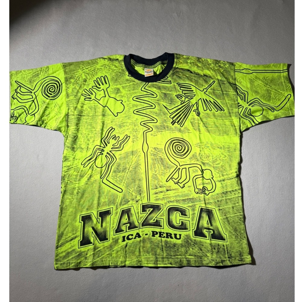 Vintage Rufyars Nazca‎ Ica Peru T-Shirt Mens XL Green All Over Print Lines Tee